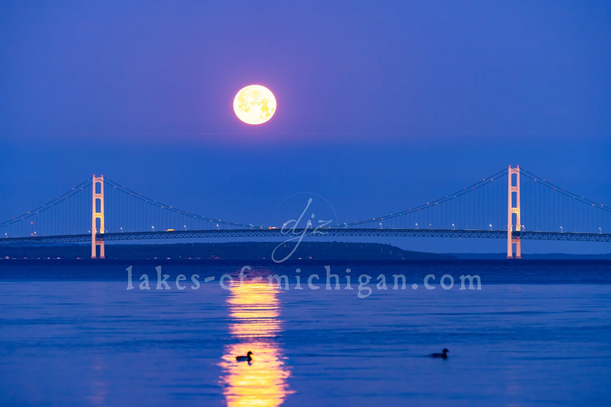 Mackinac Bridge with Full Moon on June 14th, 2022 — Aerial